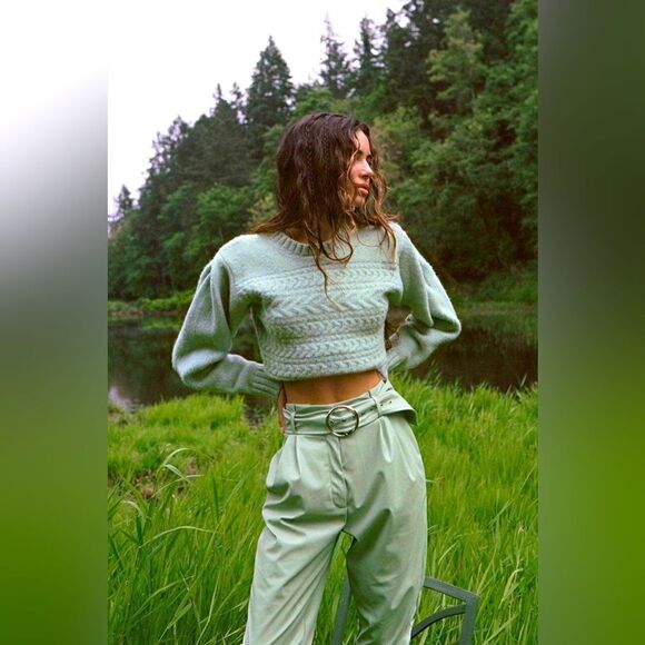 For Love and Lemons NWT Mint Green Chunky Knit Crewneck Pullover Sweater Small - Picture 1 of 10